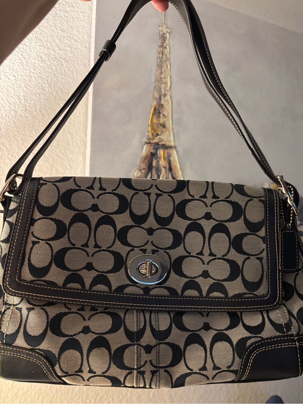 COACH Vintage Navy Gray Signature Canvas Shoulder Bag Silver EUC
